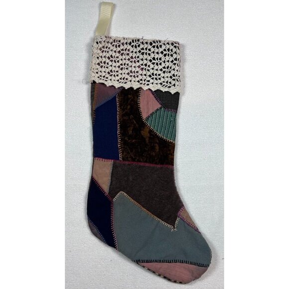 Vintage Crazy Quilt Patchwork Stocking Lace‎ Trim Top Christmas - Picture 1 of 11